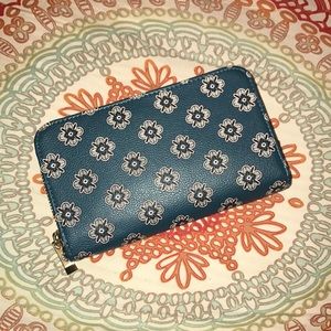 Navy blue, leather wallet with flowers